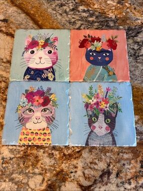 Set of 4 Floral Cat Coasters by artist Mia Charro